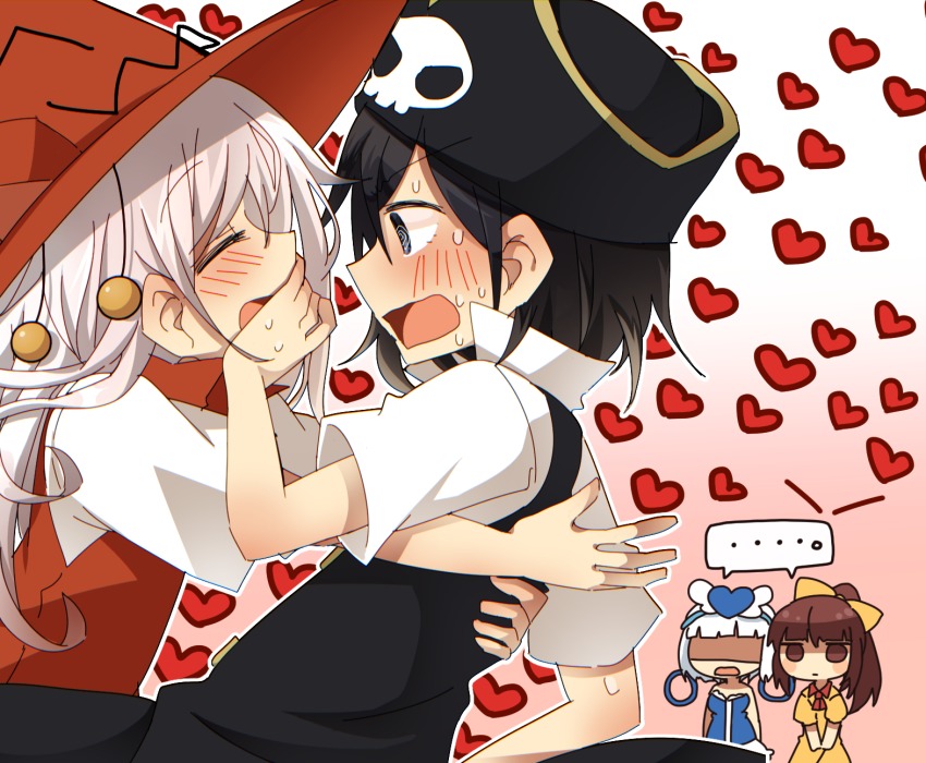 ... 4girls :d bare_shoulders black_dress black_eyes black_hair black_hat blue_dress blush bow brown_eyes brown_hair character_request closed_eyes commentary_request dress faceless faceless_female gradient_background hair_between_eyes hair_bow hair_ornament hat heart high_ponytail highres hug long_hair moca_cofi moochasu multiple_girls open_mouth pink_background ponytail print_headwear profile puffy_short_sleeves puffy_sleeves red_dress red_hat shared_speech_bubble shirt shitada short_sleeves silver_hair skull_print sleeveless sleeveless_dress smile speech_bubble spoken_ellipsis strapless strapless_dress sweat towelket_wo_mou_ichido very_long_hair white_background white_shirt witch_hat yellow_bow yellow_dress yuri