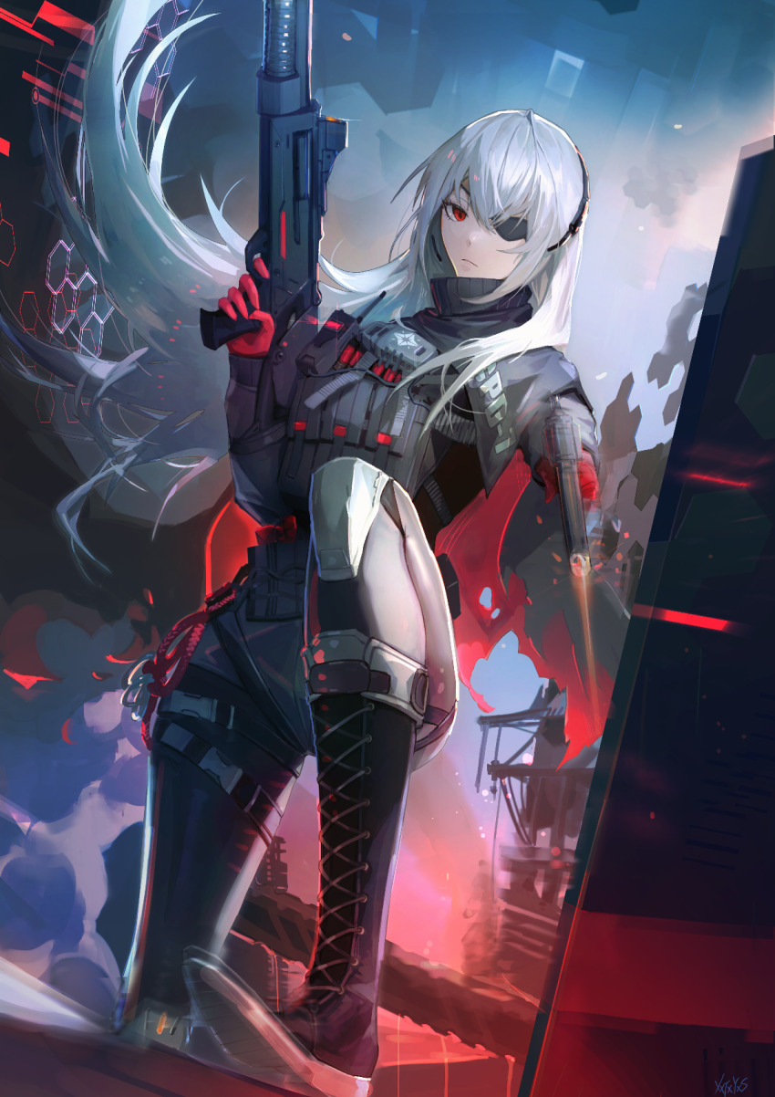 0bsessi0n 12-gauge 1girl ammunition benelli_m4_super_90 boots closed_mouth commentary_request evelyn_(neural_cloud) expressionless eyepatch full_body girls&#039;_frontline girls&#039;_frontline_neural_cloud gloves grey_hair gun handgun highres holding holding_gun holding_weapon knee_pads long_hair looking_at_viewer m1014 pistol red_eyes red_gloves semi-automatic_shotgun shield shotgun shotgun_shell solo weapon