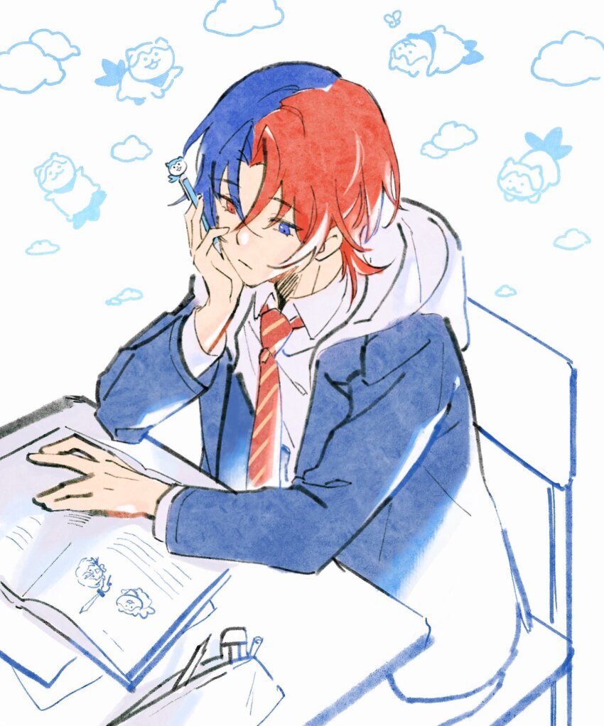 blue_eyes blue_hair book crossed_bangs fire_emblem fire_emblem_engage hahahashagi heterochromia highres hood hoodie male_alear_(fire_emblem) multicolored_hair necktie nintendo pencil_case red_eyes red_hair split-color_hair striped_necktie two-tone_hair