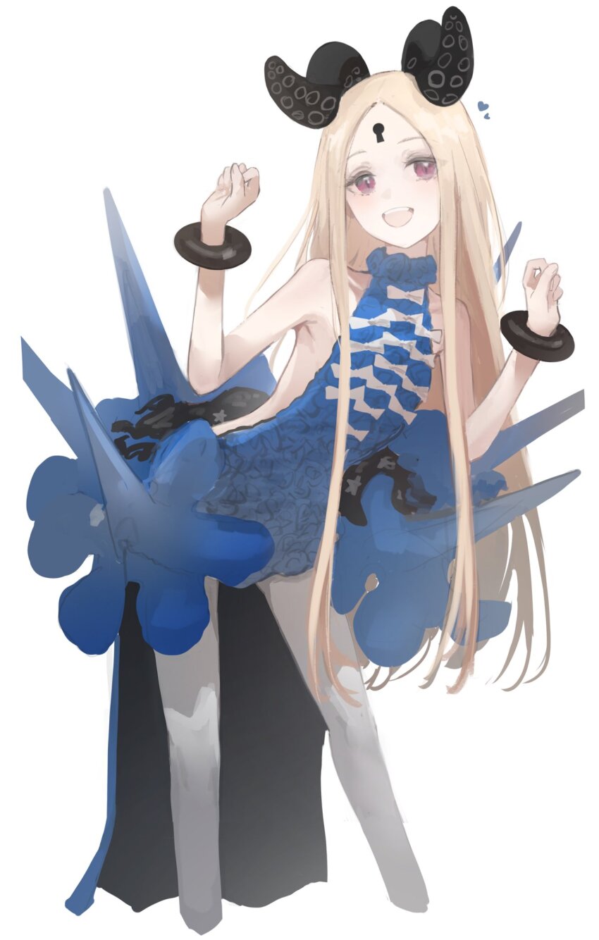 1girl abigail_williams_(fate) abigail_williams_(fgo_fes._2025)_(fate) bare_shoulders blonde_hair blue_dress curled_horns dress fate/grand_order fate_(series) flat_chest heart highres horns keyhole kotowaza leaning_forward long_hair looking_at_viewer pantyhose red_eyes smile solo tentacles very_long_hair