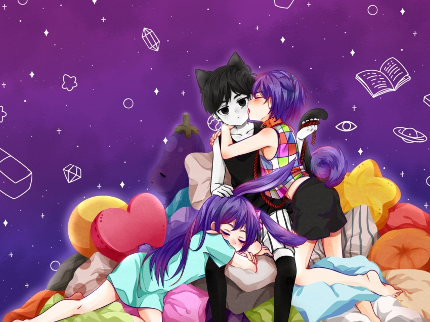 1girl 2boys animal_ears aubrey_(headspace)_(omori) aubrey_(omori) bare_shoulders barefoot black_eyes black_hair black_shirt black_shorts black_socks black_tank_top blue_dress blush book bow cat_boy cat_ears cat_tail closed_eyes closed_mouth collar collarbone commentary_request dog_boy dog_ears dog_tail dress eggplant expressionless full_body gem gem_(symbol) hair_between_eyes hair_bow hand_on_another&#039;s_head heart heart-shaped_pillow holding holding_leash kel_(headspace)_(omori) kel_(omori) kemonomimi_mode kiss kissing_cheek kneehighs kneeling leash linglanjunying long_hair looking_at_viewer lying mr._plantegg multicolored_clothes multicolored_shirt multiple_boys omori omori_(omori) on_stomach open_book open_mouth pale_skin pillow pink_bow planet purple_hair purple_sky rabbit_ears rabbit_girl rabbit_tail red_collar shirt short_hair short_sleeves shorts sitting sky sleeveless sleeveless_shirt socks star_(symbol) star-shaped_pillow swept_bangs tail tank_top tongue white_shorts yaoi