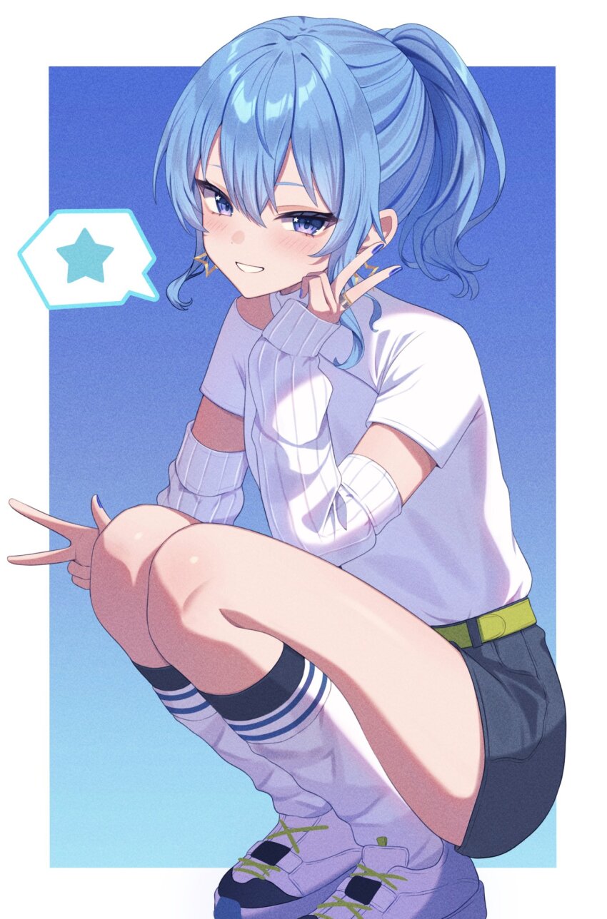 1girl belt blue_background blue_eyes blue_hair blue_nails blue_sky border detached_sleeves double-parted_bangs double_v earrings green_belt grin hair_between_eyes hand_up highres hololive hoshimachi_suisei hoshimachi_suisei_(10th_costume) jewelry kneehighs looking_at_viewer loose_socks miniskirt nail_polish nametakeko official_alternate_costume ponytail ribbed_sleeves ring shirt shirt_tucked_in short_hair short_sleeves sidelocks simple_background skirt sky smile socks solo spoken_star squatting star_(symbol) star_earrings star_in_eye symbol_in_eye v virtual_youtuber white_border white_shirt white_sneakers white_socks
