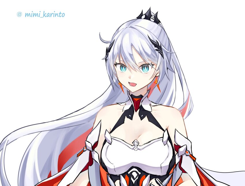 1girl artist_name bare_shoulders blue_eyes breasts bright_pupils cleavage commentary_request detached_sleeves dress high_ponytail highres honkai_(series) honkai_impact_3rd kiana_kaslana kiana_kaslana_(herrscher_of_flamescion) long_hair mimi_karinto multicolored_hair open_mouth ponytail red_hair simple_background solo streaked_hair two-tone_hair upper_body white_background white_dress white_hair white_pupils white_sleeves