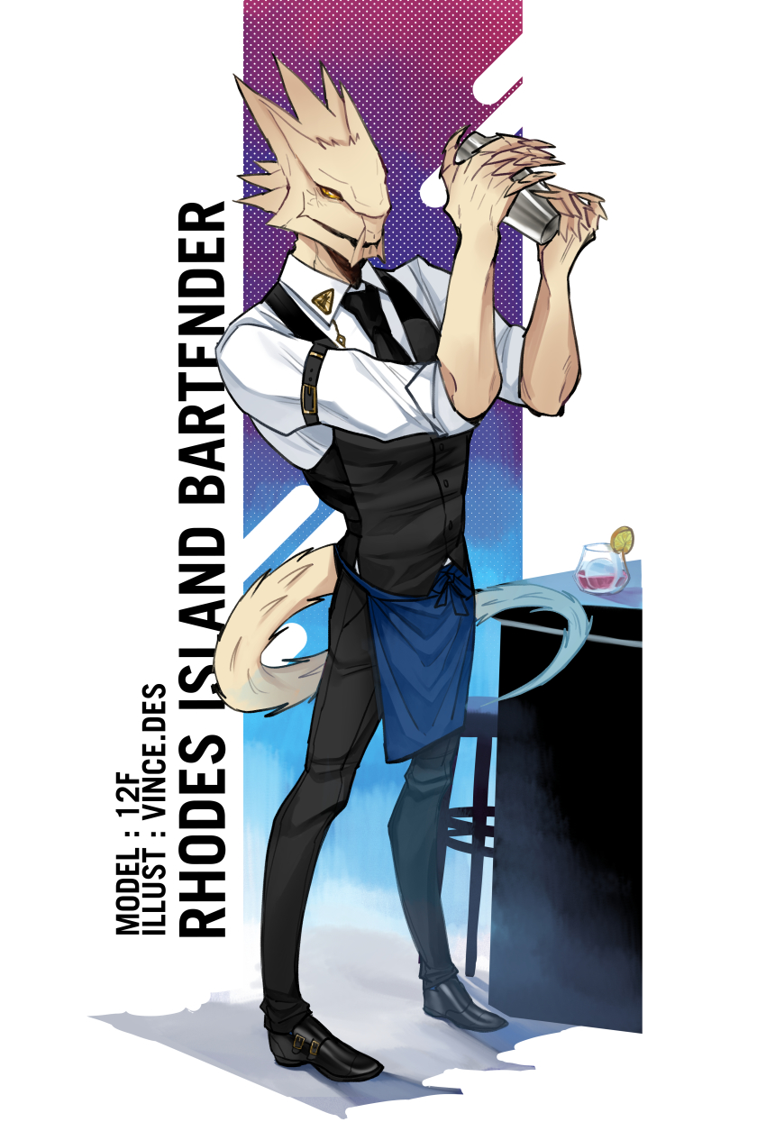 12f_(arknights) 1boy absurdres apron arknights bar_(place) bartender cocktail_glass cup drinking_glass formal_clothes glasses highres male_focus shaker simple_background solo suit tail vinsan-ganbantenee writing