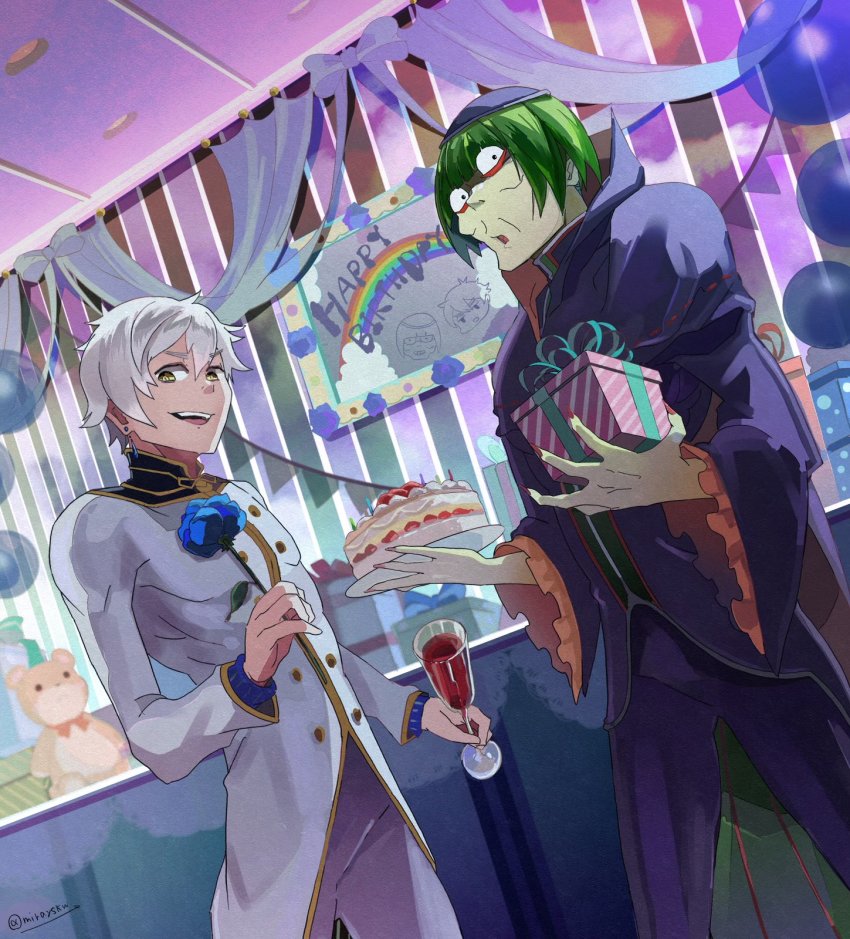2boys :d blue_flower blue_rose bowl_cut cake colored_skin cup drinking_glass flower food gift green_hair green_skin happy_birthday highres holding holding_cake holding_cup holding_food holding_gift hood male_focus mirayskw multiple_boys open_mouth petelgeuse_romaneeconti re:zero_kara_hajimeru_isekai_seikatsu regulus_corneas robe rose smile stuffed_animal stuffed_toy teddy_bear white_hair wine_glass