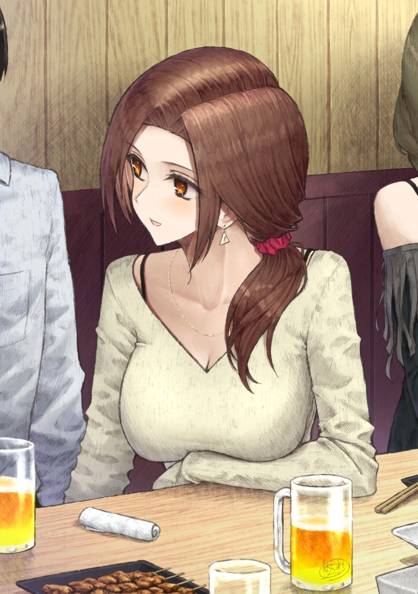 1boy 2girls absurdres alcohol aramachi beer breasts cleavage collarbone food hair_ornament hair_scrunchie highres idolmaster idolmaster_cinderella_girls indoors kawashima_mizuki large_breasts looking_at_another multiple_girls out_of_frame restaurant scrunchie shirt sitting solo_focus takagaki_kaede v-neck white_shirt yakitori