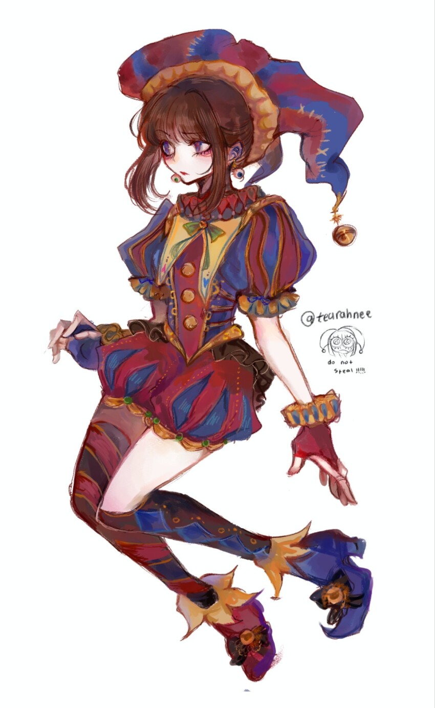 1girl argyle_clothes argyle_socks asymmetrical_footwear asymmetrical_gloves asymmetrical_legwear black_bow black_socks blue_boots blue_eyes blue_gloves blue_hat blue_shirt blue_sleeves blue_theme boots bow brown_hair buttons closed_mouth commentary cross-laced_headwear earrings english_commentary english_text eyeball_earrings eyelashes fei_yin_(tearahnee) fingerless_gloves footwear_bow frilled_sleeves frills full_body glitch_productions gloves hat hat_belt high_heel_boots high_heels highres jester jester_cap jewelry lace-trimmed_shorts lace_trim light_blush light_frown lipstick looking_ahead makeup mismatched_footwear mismatched_gloves mismatched_legwear neck_ruff over-kneehighs pale_skin pointy_footwear pomni_(the_amazing_digital_circus) puffy_short_sleeves puffy_shorts puffy_sleeves red_boots red_gloves red_hat red_lips red_pupils red_shirt red_shorts red_sleeves red_thighhighs shirt short_hair_with_long_locks short_sleeves shorts simple_background single_over-kneehigh single_thighhigh sketch socks solo striped_clothes striped_headwear striped_thighhighs the_amazing_digital_circus thighhighs twitter_username two-tone_headwear two-tone_shirt two-tone_sleeves two-tone_thighhighs vertical-striped_sleeves white_background wrist_cuffs