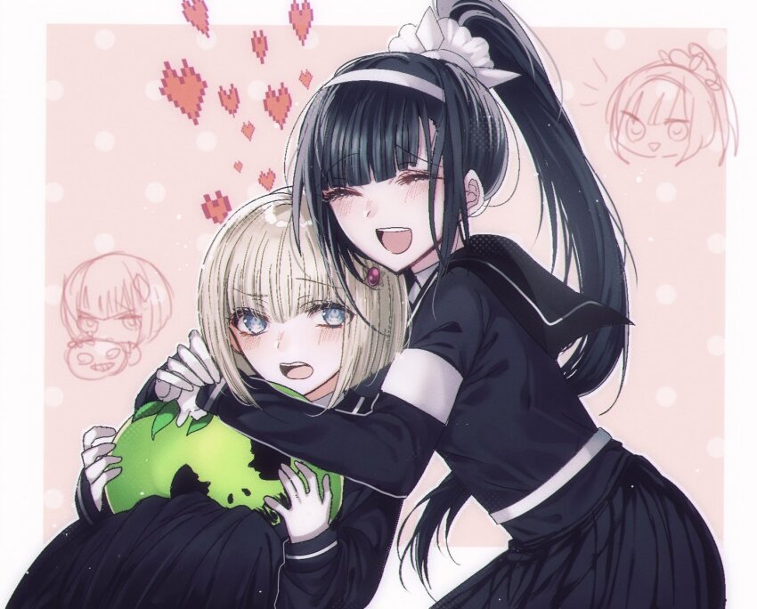 2girls armband black_hair black_skirt blonde_hair blue_eyes blush bob_cut border closed_eyes female_focus heart hug last_defense_academy_school_uniform long_hair magadori_kyoshika mask multiple_girls oosuzuki_kurara open_mouth pink_background ponytail skirt teeth the_hundred_line_-last_defense_academy- tomato tongue unworn_mask upper_teeth_only white_border yuri