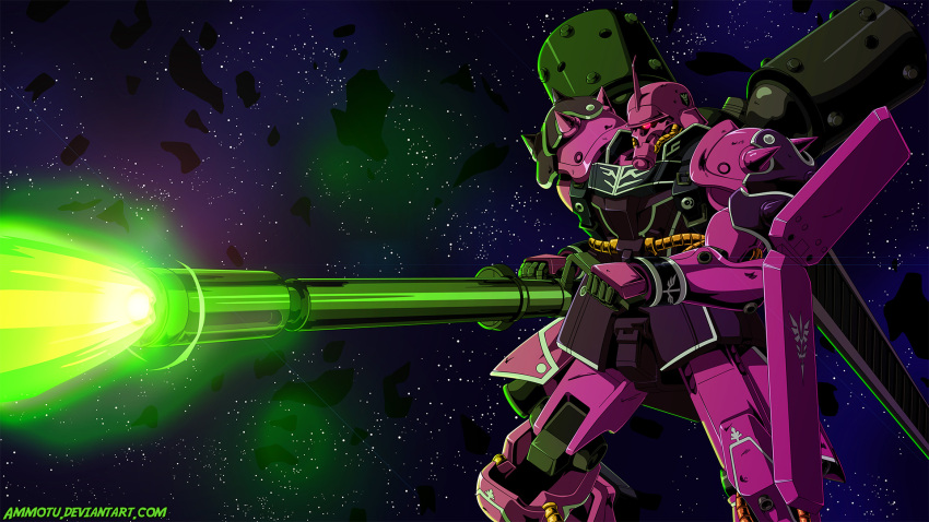 ammotu backpack bag beam_cannon cable commentary deviantart_username emblem energy_beam english_commentary exposed_internal_machinery firing geara_zulu geara_zulu_angelo_sauper_custom glowing gundam gundam_unicorn highres lens_flare machinery mecha mecha_focus mobile_suit nebula neo_zeon no_humans one-eyed photoshop_(medium) radio_antenna robot roundel science_fiction shield shoulder_spikes signature space spikes star_(sky)