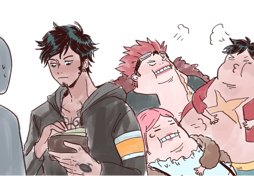 1girl 3boys avaxxah black_hair commentary eating english_commentary eustass_kid facial_hair goatee goggles goggles_on_headwear highres jewelry_bonney long_hair monkey_d._luffy multiple_boys one_piece pink_hair red_hair scar scar_on_chest short_hair simple_background trafalgar_law white_background