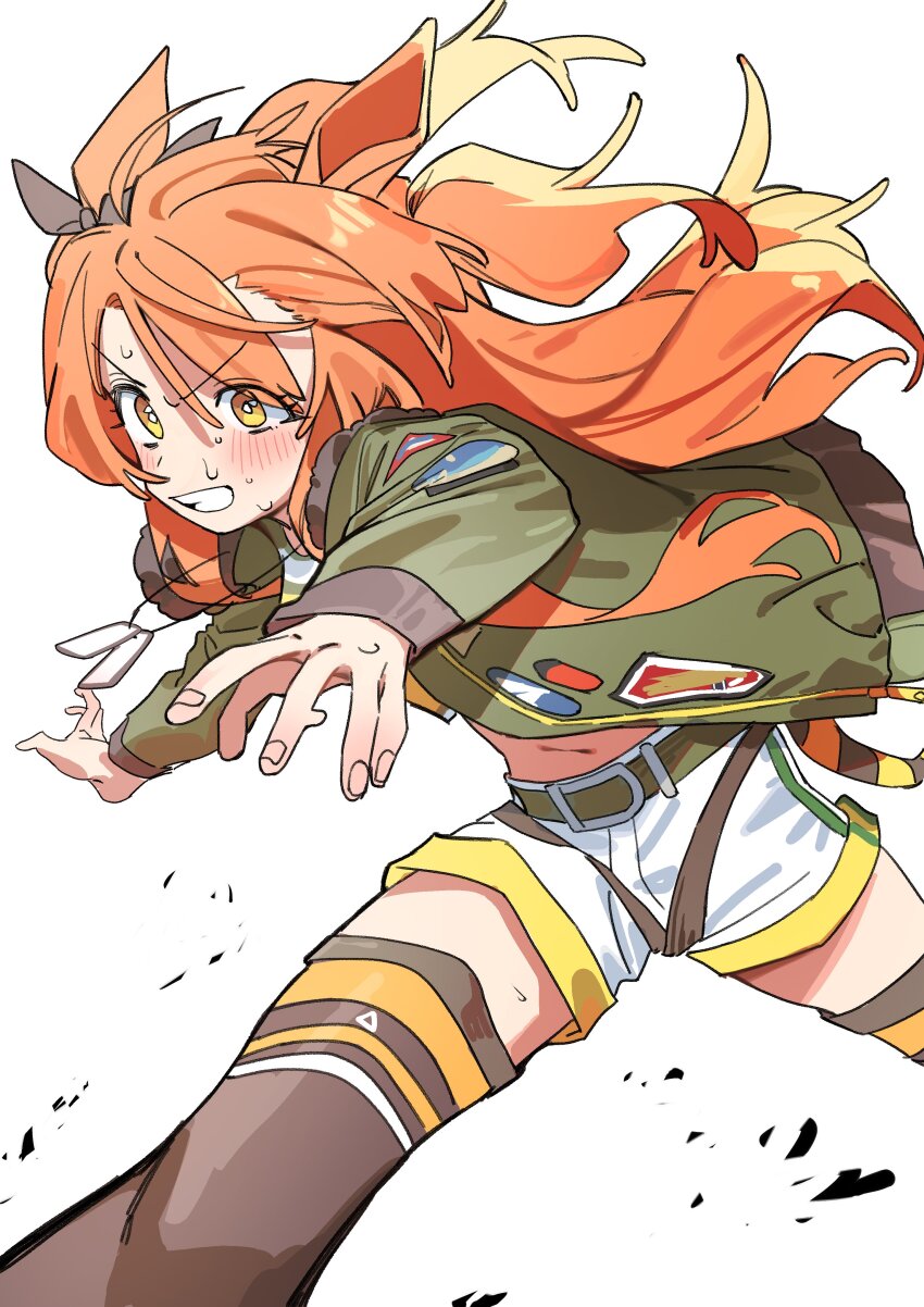 1girl absurdres animal_ears belt blush bomber_jacket bow brown_ribbon dog_tags ear_bow ear_ribbon green_belt green_jacket hair_between_eyes haruyuki_(gffewuoutgblubh) heart_belt_buckle highres horse_ears horse_girl horse_tail jacket long_hair long_sleeves mayano_top_gun_(scramble_zone)_(umamusume) mayano_top_gun_(umamusume) navel open_mouth orange_eyes orange_hair orange_tail revision ribbon shirt shorts simple_background solo tail two_side_up umamusume white_background white_shorts