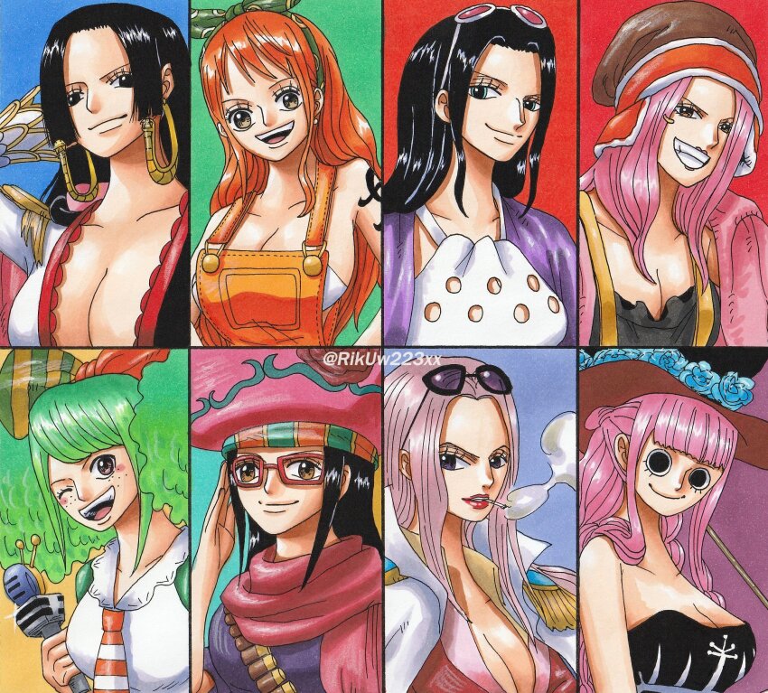 6+girls ann_(one_piece) anti-eyebrow_piercing arm_tattoo black_eyes black_hair blue_background blue_flower blue_rose blunt_bangs boa_hancock cardigan commentary den_den_mushi dress earrings epaulettes eyelashes eyewear_on_head face_piercing flower freckles glasses green_background green_hair half_updo hat highres hime_cut hina_(one_piece) jewelry jewelry_bonney long_hair long_sleeves looking_at_viewer multiple_girls nami_(one_piece) necktie nico_robin one_eye_closed one_piece one_piece:_stampede open_mouth orange_background orange_hair orange_overalls overalls perona piercing pink_hair purple_background purple_cardigan red_background red_lips riku_(rikuw223xx) rose sidelocks smile smoke snake_earrings strapless strapless_dress tashigi tattoo twintails twitter_username upper_body