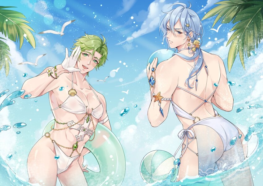 2boys animal arm_up armlet ass back ball bare_shoulders beachball bikini bird bishounen blue_eyes blue_gemstone blue_hair blush bracelet chest_jewel chinese_commentary cloud collarbone commentary ear_piercing earrings edmond_(nu_carnival) flower_ornament gem gloves green_eyes green_gemstone green_hair green_innertube hair_ornament hand_on_own_hip highres holding holding_ball holding_beachball holding_swim_ring in_water innertube jewelry light_rays long_hair looking_back male_focus multiple_boys nu_carnival olivine_(nu_carnival) open_mouth palm_leaf parted_lips pectorals piercing puffy_chest ring sarong seagull shell_hair_ornament smile starfish_hair_ornament summer sunlight swim_ring swimsuit teeth tongue upper_teeth_only water water_drop waving white_bikini white_gloves xun1948637
