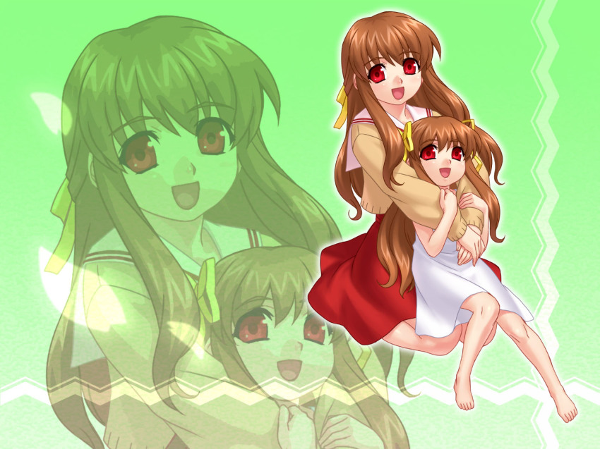 00s 2girls :d barefoot brown_hair child green_background highres hug hug_from_behind long_hair multiple_girls nagamori_mizuka one_-_kagayaku_kisetsu_e open_mouth orihara_misao red_eyes seiza sitting smile zen zoom_layer