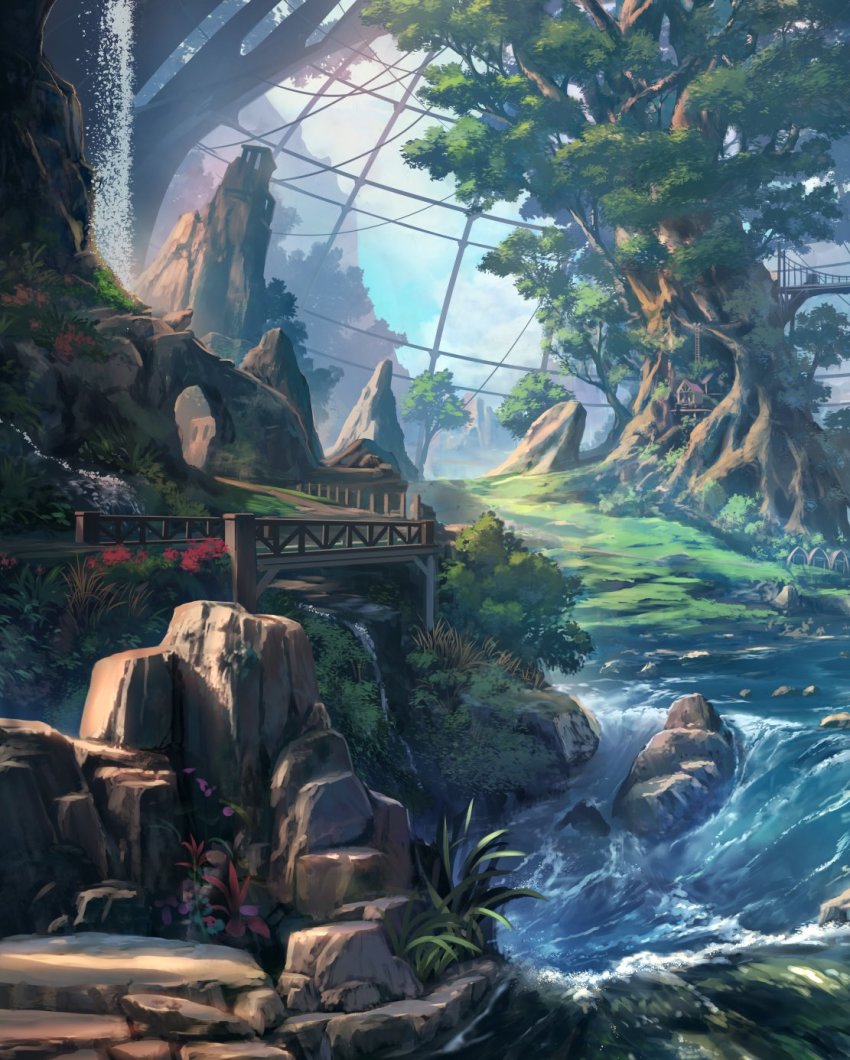 architecture bridge building cable commentary_request dome flower grass highres landscape nature no_humans original rock scenery sky soraizumi stream tree water waterfall