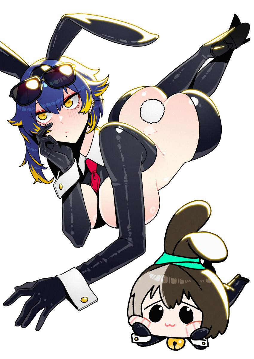 2girls :3 absurdres alternate_costume animal_ears ass between_breasts blonde_hair blue_hair breasts brown_hair butt_crack buttoned_cuffs buttons chibi dc_(makezzal) detached_collar dog_ears dog_girl eyewear_on_head fake_animal_ears fake_tail grey_hair hachiko_of_castling high_heels highres large_breasts last_origin long_sleeves lying meme_attire mini_hachiko_(last_origin) multicolored_hair multiple_girls necktie necktie_between_breasts on_stomach rabbit_ears rabbit_tail red_necktie reverse_bunnysuit reverse_outfit solid_oval_eyes sterling_(last_origin) sunglasses tail two-tone_hair yellow_eyes