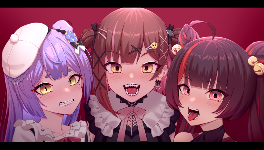 3girls absurdres ahoge azusa_(vtuber) virtuareal_link bell beret blush bow brown_hair chuansongdai double_bun earrings hair_bell hair_bun hair_ornament hat highres jewelry kero_(vtuber) long_hair looking_at_viewer mole mole_under_eye multicolored_hair multiple_girls nanami_(virtuareal) nijisanji open_mouth piercing purple_hair red_eyes red_hair sharp_teeth smile streaked_hair teeth thick_eyebrows tongue tongue_out tongue_piercing virtual_youtuber virtuareal x_hair_ornament yellow_eyes