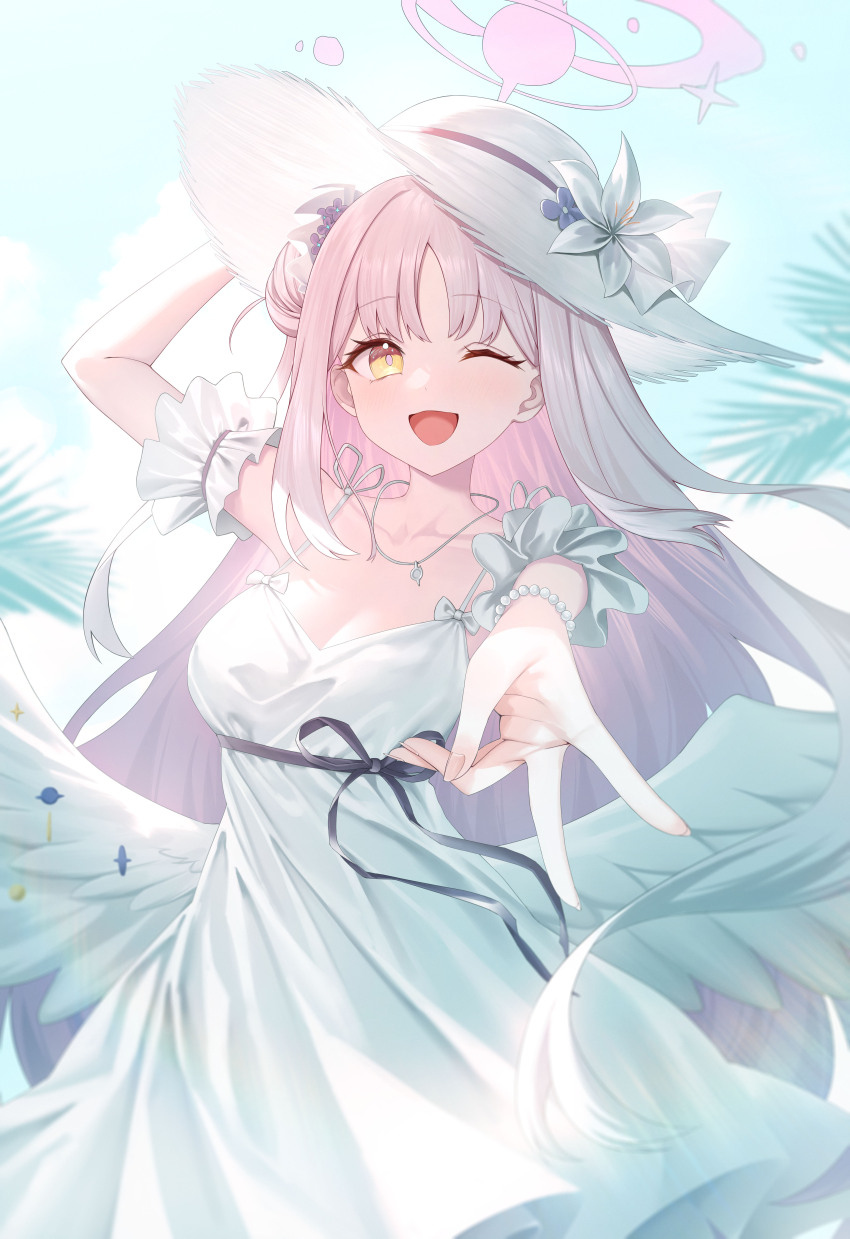 1girl absurdres alternate_costume arm_up armband black_ribbon blue_archive bracelet breasts cleavage collarbone commentary_request dress dress_ribbon feathered_wings flower frilled_armband frills hair_bun hair_ornament halo hat hat_flower highres jewelry long_hair looking_at_viewer low_wings medium_breasts mika_(blue_archive) necklace one_eye_closed open_mouth pearl_bracelet pink_hair pink_halo ribbon roi_(liu_tian) single_hair_bun single_side_bun smile solo sun_hat sundress v white_armband white_dress white_flower white_hat white_wings wing_ornament wings yellow_eyes