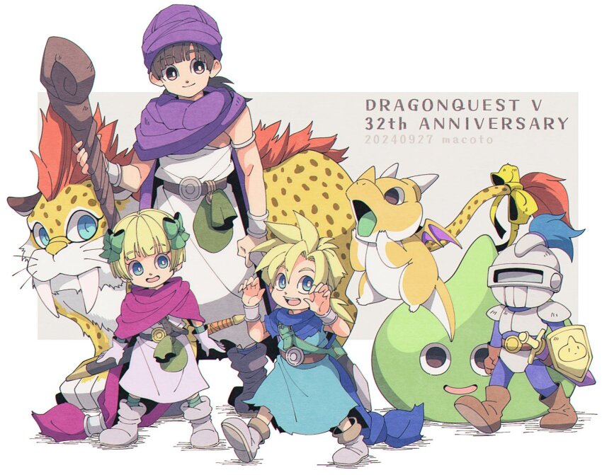1girl 29qmatatavi 2boys anniversary armlet armor belt belt_bag black_hair blonde_hair blue_cape blue_cloak blue_eyes blue_tunic blunt_bangs boots borongo bow bracelet cape child cloak closed_mouth commentary_request copyright_name dated dragon dragon_quest dragon_quest_v dress fangs father_and_daughter father_and_son full_body gloves green_bow hair_bow helmet hero&#039;s_daughter_(dq5) hero&#039;s_son_(dq5) hero_(dq5) holding holding_staff jewelry long_hair low_ponytail monster multiple_boys open_mouth pink_cape pink_cloak ponytail purple_cape purple_cloak purple_turban ribbon sheath sheathed shield short_hair siblings slime_knight small_fry_(dragon_quest) smile spiked_hair staff standing sword tunic turban twins walking weapon white_dress white_gloves white_tunic yellow_fur yellow_ribbon