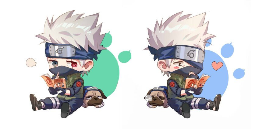 1boy animal black_footwear black_gloves blue_headband blush_stickers book chibi dog fingerless_gloves gloves green_vest grey_eyes grey_hair hatake_kakashi headband heart heterochromia highres holding holding_book male_focus mask mouth_mask multiple_views naruto_(series) nose_bubble pakkun_(naruto) red_eyes sandals scar scar_across_eye scar_on_face short_hair sitting symbol-shaped_pupils tobu_(bilibil) vest white_background