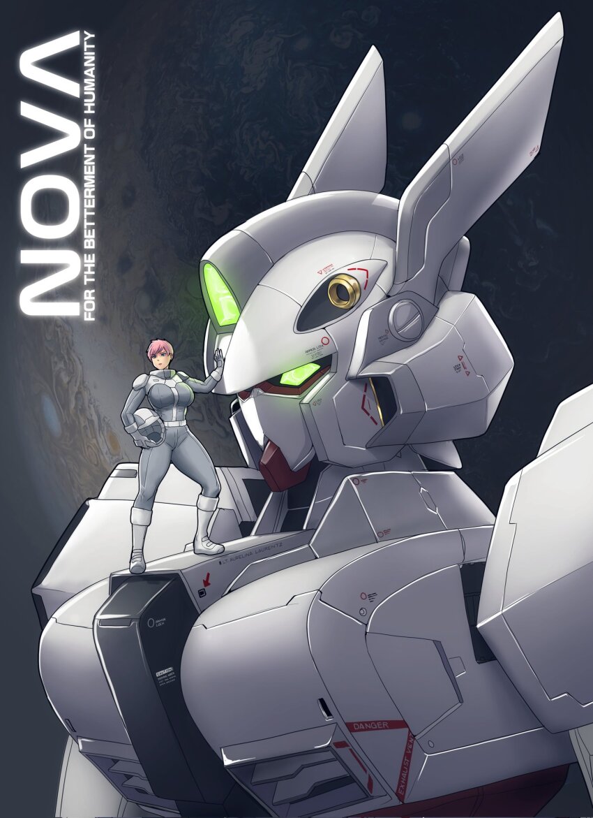 1girl blue_eyes bodysuit boots breasts closed_mouth commentary corrupted_twitter_file english_commentary english_text erkaz green_eyes grey_bodysuit helmet highres holding holding_helmet knee_boots large_breasts mecha mecha_focus mecha_pilot_suit on_mecha original pilot_helmet purple_hair robot science_fiction short_hair skin_tight spacesuit standing unworn_headwear unworn_helmet upper_body white_boots