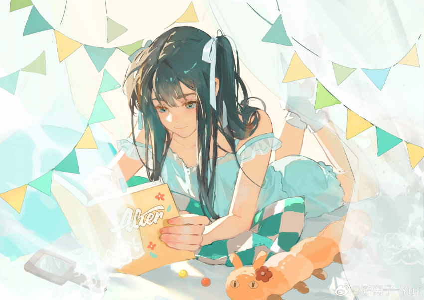 1girl absurdres bare_arms bare_shoulders black_hair blue_dress blue_eyes book bookmark caterpillar chinese_commentary closed_mouth commentary_request dress fingernails frilled_straps full_body hair_half_over_shoulder hair_ribbon hand_mirror highres holding holding_book legs_up lips long_hair lying mirror on_bed on_stomach open_book original pillow reading ribbon short_dress sleeveless sleeveless_dress smile socks solo strap_slip string_of_flags stuffed_animal stuffed_toy thick_eyebrows twintails watermark weibo_watermark white_ribbon white_socks youlizi-yuri