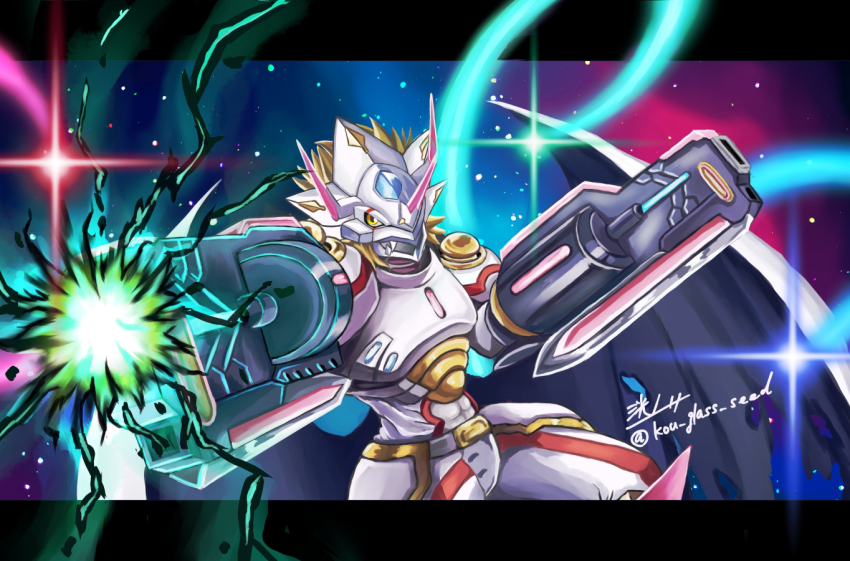 arm_blade arm_cannon armor bayonetta black_wings blonde_hair covering_face digimon digimon_ghost_game dragon energy_gun helmet horns kou_(xcws3487) powering_up short_hair siriusmon space sword torn_wings twitter_username upper_body weapon white_armor white_helmet white_wings wings yellow_eyes