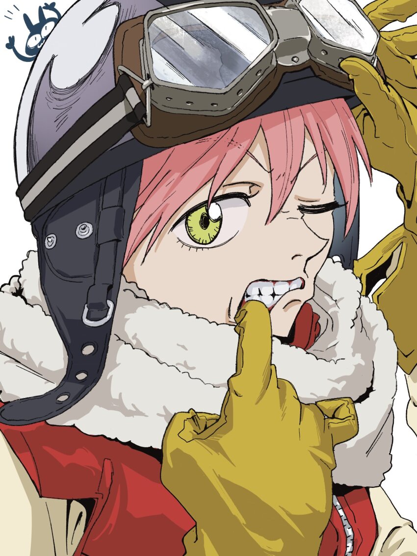 1girl finger_in_own_mouth flcl gloves goggles goggles_on_head green_eyes hair_between_eyes haruhara_haruko helmet highres one_eye_closed pink_hair pink_punk_ponk short_hair simple_background teeth white_background yellow_gloves