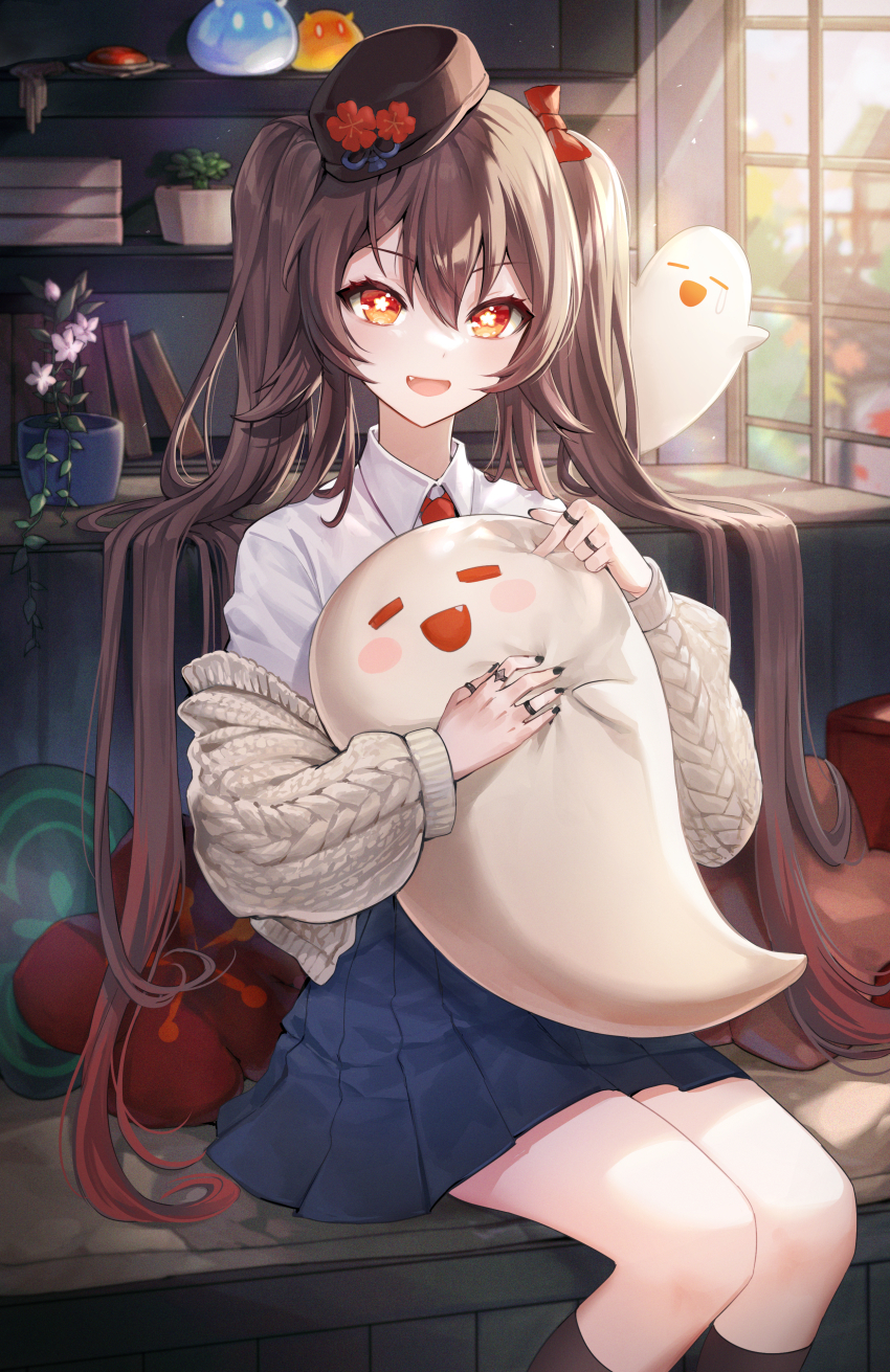 1girl absurdres alternate_costume black_hat black_socks blue_skirt boo_tao_(genshin_impact) brown_hair cardigan genshin_impact gradient_hair hat hibiwa highres hu_tao_(genshin_impact) kneehighs long_hair long_sleeves looking_at_viewer multicolored_hair off_shoulder open_cardigan open_clothes pleated_skirt red_eyes shirt sitting skirt socks solo star-shaped_pupils star_(symbol) stuffed_animal stuffed_toy symbol-shaped_pupils twintails very_long_hair white_cardigan white_shirt
