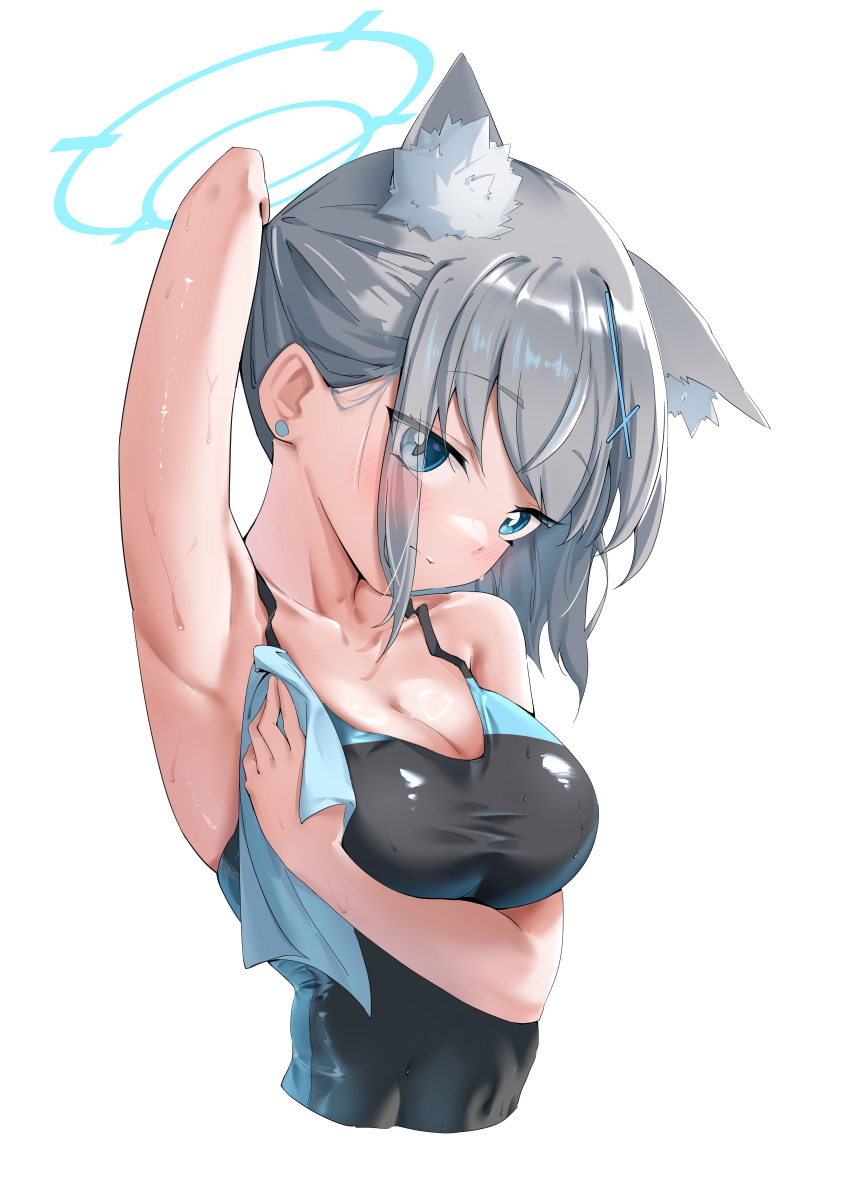 1girl absurdres animal_ear_fluff animal_ears armpits black_one-piece_swimsuit blue_archive blue_eyes breasts commentary competition_swimsuit covered_navel cropped_torso cross_hair_ornament extra_ears grey_hair hair_ornament halo highres low_ponytail medium_breasts medium_hair mismatched_pupils multicolored_swimsuit official_alternate_costume one-piece_swimsuit ponytail shiroko_(blue_archive) shiroko_(swimsuit)_(blue_archive) simple_background solo swimsuit towel upper_body white_background wolf_ears yeyu_leafishy