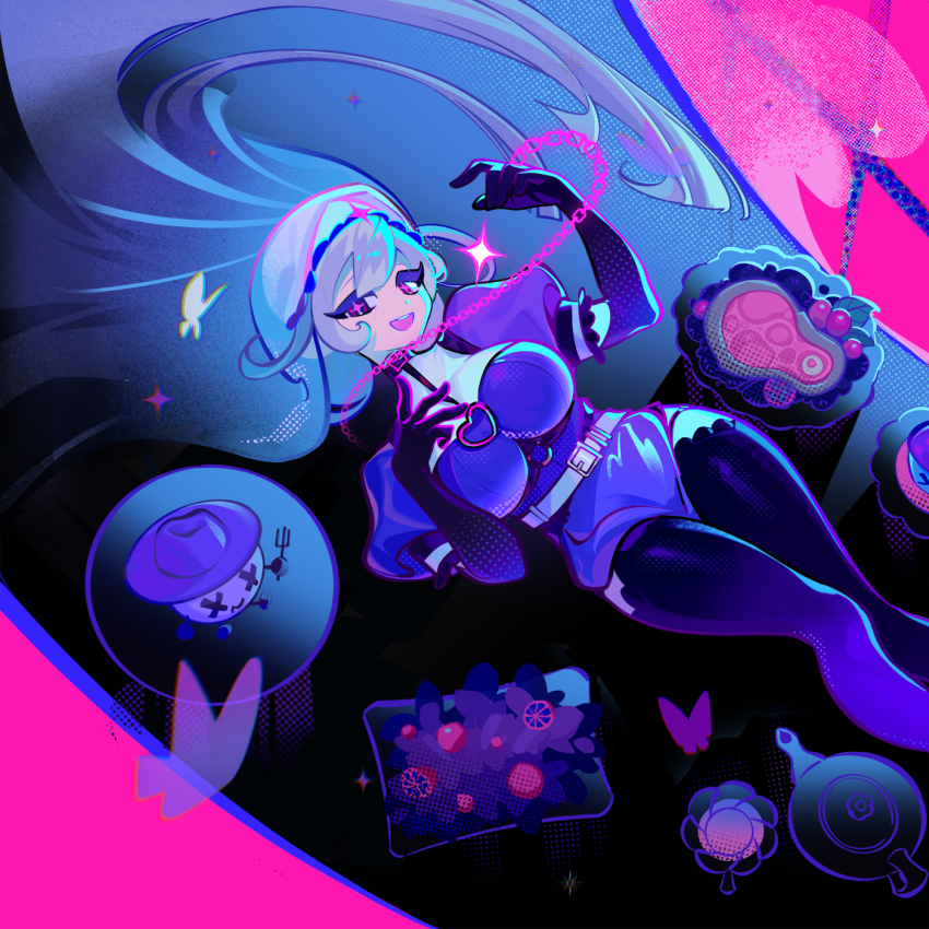 +_+ 1girl :d album_cover belt black_choker black_gloves black_thighhighs blue_dress blue_eyes breasts bright_pupils brooch choker colored_eyelashes cover detached_collar dress elbow_gloves feet_out_of_frame gloves habit hair_between_eyes hair_spread_out heart heart_brooch highres jewelry large_breasts long_eyelashes long_hair lying marija_(muse_dash) marija_(sister)_(muse_dash) muse_dash nun official_alternate_costume official_alternate_hair_color official_alternate_hairstyle official_art on_back open_mouth pink_eyes pink_pupils puffy_short_sleeves puffy_sleeves rourow short_sleeves smile solo sparkle sparkling_eyes teapot teeth thighhighs upper_teeth_only very_long_hair white_belt white_hair zettai_ryouiki