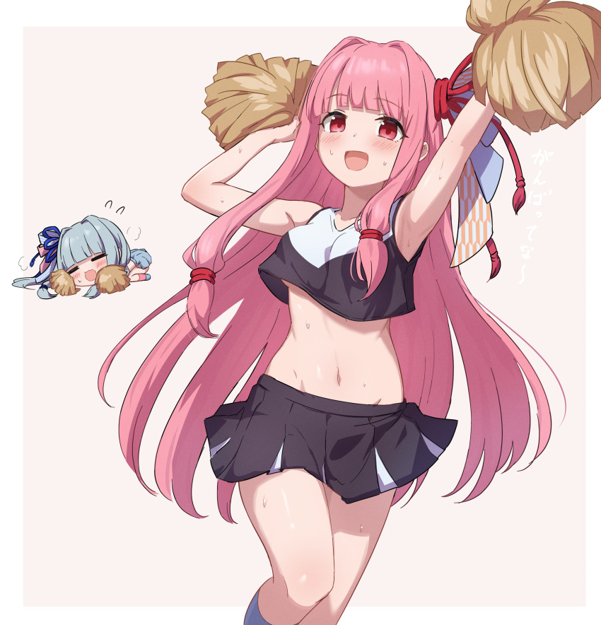 2girls :d =_= absurdres armpits blue_hair blunt_bangs border cheerleader chibi closed_eyes crop_top flying_sweatdrops groin highres kotonoha_akane kotonoha_aoi long_hair midriff multiple_girls navel open_mouth outside_border pink_background pink_hair pom_pom_(cheerleading) red_eyes ruttse siblings simple_background sisters smile sweat tareme voiceroid white_border