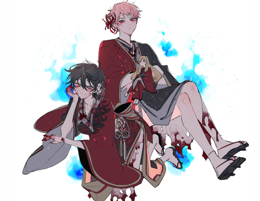 2boys anight black_hair black_sash blonde_hair blood blood_on_clothes blood_on_hands blue_eyes closed_mouth collarbone cracked_skin doll ensemble_stars! eyeshadow eyeshadow_under_eye floral_print flower full_body geta grey_kimono hair_flower hair_ornament hairpin hand_on_own_cheek hand_on_own_face haori heterochromia highres itsuki_shu japanese_clothes kagehira_mika kimono long_hair long_sleeves looking_at_viewer mademoiselle_(ensemble_stars!) makeup male_focus messy_hair multiple_boys official_alternate_costume paper_texture pink_hair purple_eyes red_eyeshadow red_flower red_kimono sash school_festival_tamayori&#039;s_haunted_dollhouse_(ensemble_stars!) short_hair sideways_glance simple_background sitting sitting_on_leg smile socks spider_lily spider_lily_print tabi valkyrie_(ensemble_stars!) white_background white_flower white_socks wide_sleeves will-o&#039;-the-wisp_(mythology) yellow_eyes