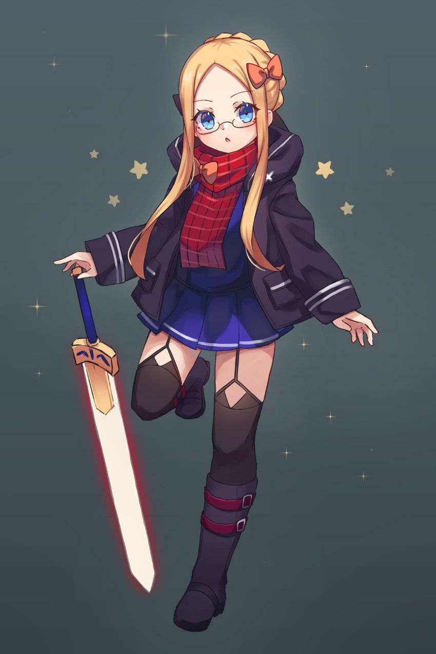 1girl abigail_williams_(fate) artoria_pendragon_(fate) black_boots black_bow black_thighhighs blonde_hair blue_eyes blue_shirt blue_skirt blush boots bow braid breasts cosplay fate/grand_order fate_(series) forehead french_braid full_body glasses hair_bow highres hood hooded_jacket jacket knee_boots long_hair long_sleeves looking_at_viewer miya_(miyaruta) multiple_bows mysterious_heroine_x_alter_(fate) mysterious_heroine_x_alter_(fate)_(cosplay) orange_bow parted_bangs plaid_clothes plaid_scarf pleated_skirt purple_jacket red_scarf scarf shirt skirt small_breasts solo sword thighhighs weapon