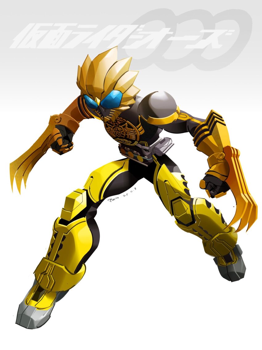 1boy armor black_bodysuit blue_eyes bodysuit claw_(weapon) copyright_name full_body helmet highres kamen_rider kamen_rider_ooo kamen_rider_ooo_(ratoratah_combo) kamen_rider_ooo_(series) penpenhuihui simple_background solo tokusatsu weapon white_background yellow_armor yellow_helmet