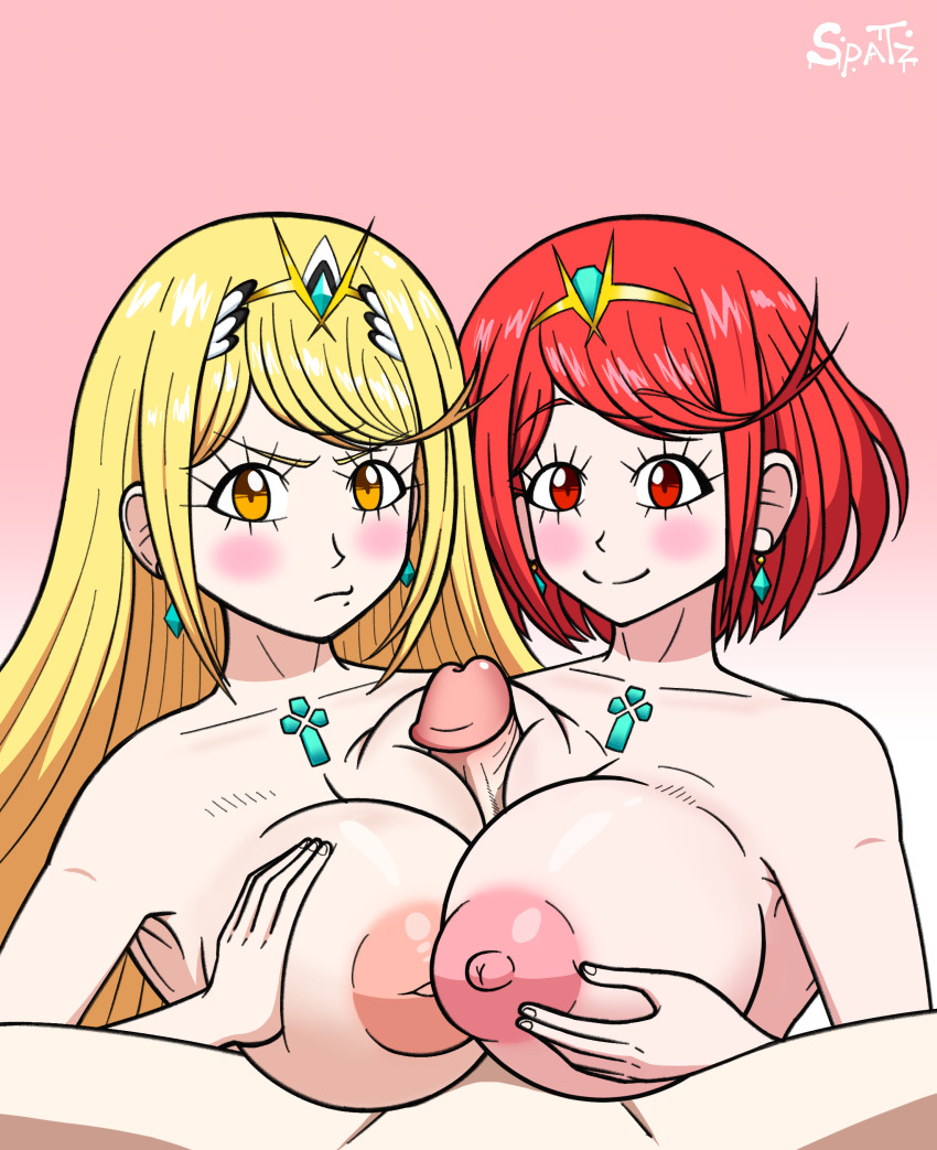 1boy 2girls absurdres blonde_hair bob_cut breasts cooperative_paizuri highres inverted_nipples large_areolae large_breasts large_penis long_hair looking_at_viewer multiple_girls mythra_(xenoblade) nintendo paizuri penis pov pyra_(xenoblade) red_eyes red_hair sinnerspatz teamwork teamwork_(sexual) xenoblade_chronicles_(series) xenoblade_chronicles_2