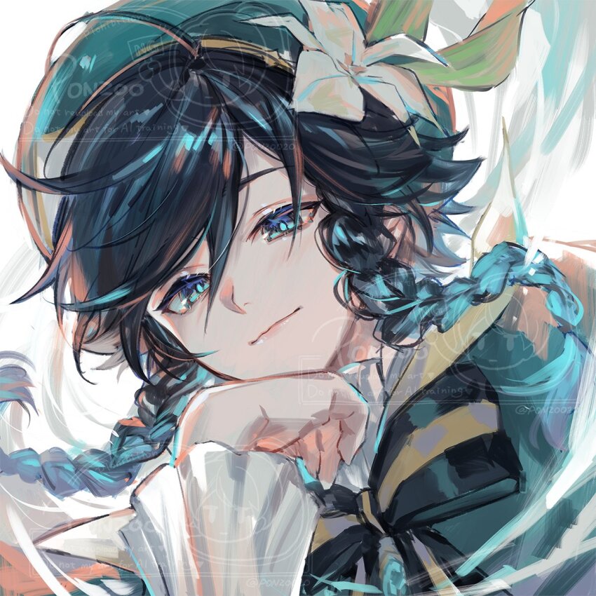 1boy beret black_hair braid flower genshin_impact gradient_hair green_eyes hair_ornament hat highres long_sleeves looking_at_viewer male_focus multicolored_hair pon2oo short_hair_with_long_locks smile solo twin_braids venti_(genshin_impact) white_flower