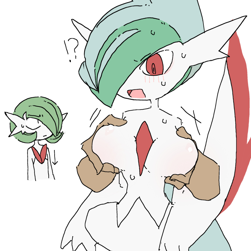 !? 2girls arm_blade arms_at_sides arrow_(symbol) bare_shoulders black_eyes blue_cape blue_hair blush bob_cut breast_envy breasts cape colored_skin cropped_torso disembodied_hand dress female_focus flat_chest gallade gardevoir gen_3_pokemon gen_4_pokemon genderswap genderswap_(mtf) grabbing_another&#039;s_breast green_hair groping hair_over_one_eye highres large_breasts mega_gallade mega_gardevoir mega_pokemon mohawk multicolored_hair multiple_girls nintendo one_eye_covered open_mouth pokemon pokemon_(creature) red_eyes short_hair simple_background solo_focus standing strapless strapless_dress surprised two-tone_hair weapon white_background white_dress white_skin yamada_(pixiv_24040206)