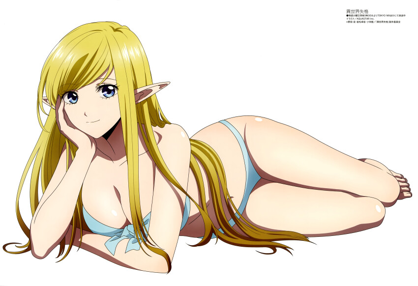 1girl absurdres annette_(isekai_shikkaku) aqua_bikini bare_arms barefoot bikini blonde_hair breasts cleavage closed_mouth collarbone elf feet hand_on_own_face highres isekai_shikkaku large_breasts long_hair looking_at_viewer lying magazine_scan megami_magazine official_art on_side pointy_ears scan sidelocks simple_background smile solo swimsuit toes white_background