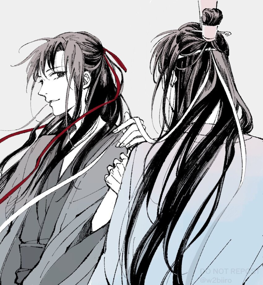 2boys bishounen black_hair black_hanfu chinese_clothes coat grey_background grey_coat hair_down hair_ribbon half_updo hanfu headband highres holding_another&#039;s_wrist lan_wangji limited_palette long_hair looking_at_another male_focus modao_zushi monochrome multiple_boys official_alternate_costume official_alternate_hairstyle open_clothes open_coat parted_lips ponytail red_ribbon ribbon robe sash simple_background smile spot_color topknot twitter_username upper_body w2biiro watermark wei_wuxian wei_wuxian_(yiling_laozu) white_hanfu white_headband wide_sleeves xiao_guan_(headdress) yaoi