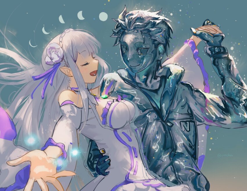 100shou 1girl dancing dress elf emilia_(re:zero) flower hair_flower hair_ornament highres natsuki_subaru pointy_ears purple_ribbon re:zero_kara_hajimeru_isekai_seikatsu ribbon statue white_flower