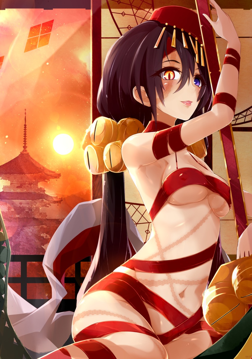 1girl ashita_wa_hitsuji black_hair blush breasts commentary_request covered_erect_nipples fate/grand_order fate_(series) female_focus hair_between_eyes heterochromia highres lips long_hair looking_at_viewer medium_breasts mochizuki_chiyome_(fate) mochizuki_chiyome_(third_ascension)_(fate) no_panties open_mouth orange_eyes pagoda pixiv_fate/grand_order_contest_2 purple_eyes red_ribbon ribbon shiny_skin sitting slit_pupils solo strapless sun sunset tattoo tube_top underboob very_long_hair
