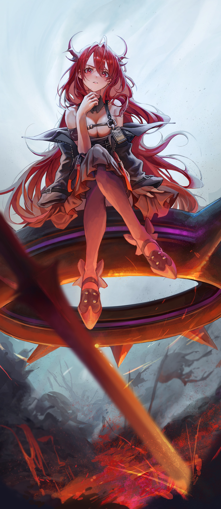 1girl absurdres arknights arm_at_side arm_out_of_sleeve arm_support armband bare_shoulders battlefield belt black_dress black_jacket black_shoes blurry breasts cleavage collarbone commentary convenient_leg crossed_legs demon_horns depth_of_field detached_collar dress flag floating floating_object floating_weapon full_body hach_190 hair_between_eyes hand_up harness highres hoop horns id_card jacket long_hair looking_at_viewer medium_breasts off_shoulder open_clothes open_jacket pantyhose parted_lips purple_eyes red_eyes red_hair red_theme shoes sitting sky solo surtr_(arknights) torn_flag very_long_hair