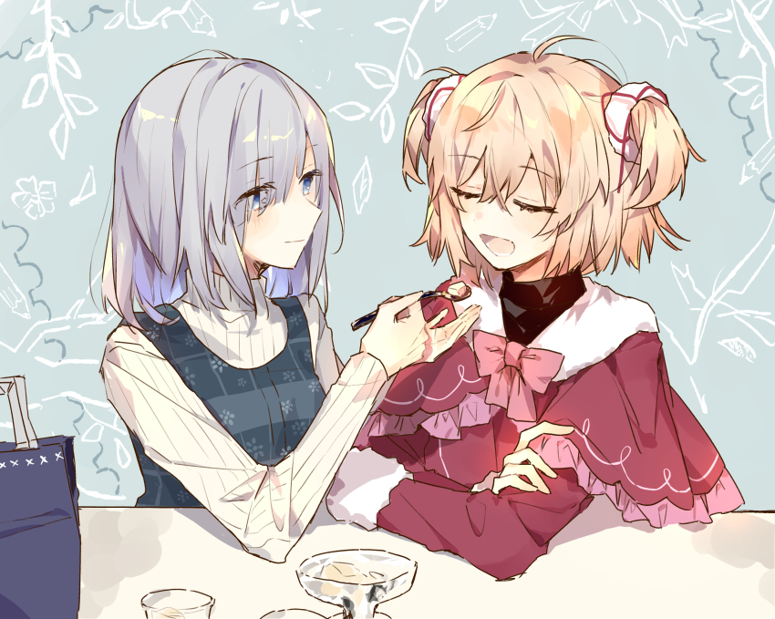 2girls ayano_rika ayano_rika_(winter_costume) blonde_hair blue_eyes bow capelet closed_eyes commentary feeding grey_hair hair_over_one_eye highres holding holding_spoon isuzu_ren isuzu_ren_(winter_costume) long_sleeves looking_at_another magia_record:_mahou_shoujo_madoka_magica_gaiden mahou_shoujo_madoka_magica multiple_girls official_alternate_costume omomochi_d open_mouth pink_bow red_capelet short_hair smile spoon two_side_up upper_body