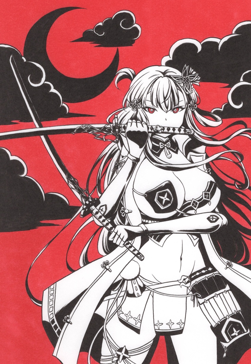 +_+ 1girl absurdres ajikeneko armor bare_shoulders black_cloud black_clouds breasts cleavage cloud crescent_moon dual_wielding fingerless_gloves flower-shaped_pupils gloves groin hair_ornament highres holding holding_weapon huge_breasts japanese_armor japanese_clothes katana kusazuri large_breasts linea_alba long_hair looking_at_viewer moon navel official_alternate_costume red_eyes red_sky revealing_clothes senran_kagura senran_kagura_new_link short_sidetail shuriken side_ponytail sky solo stomach sword symbol-shaped_pupils tassel thigh_strap toki_(senran_kagura) traditional_media underboob weapon