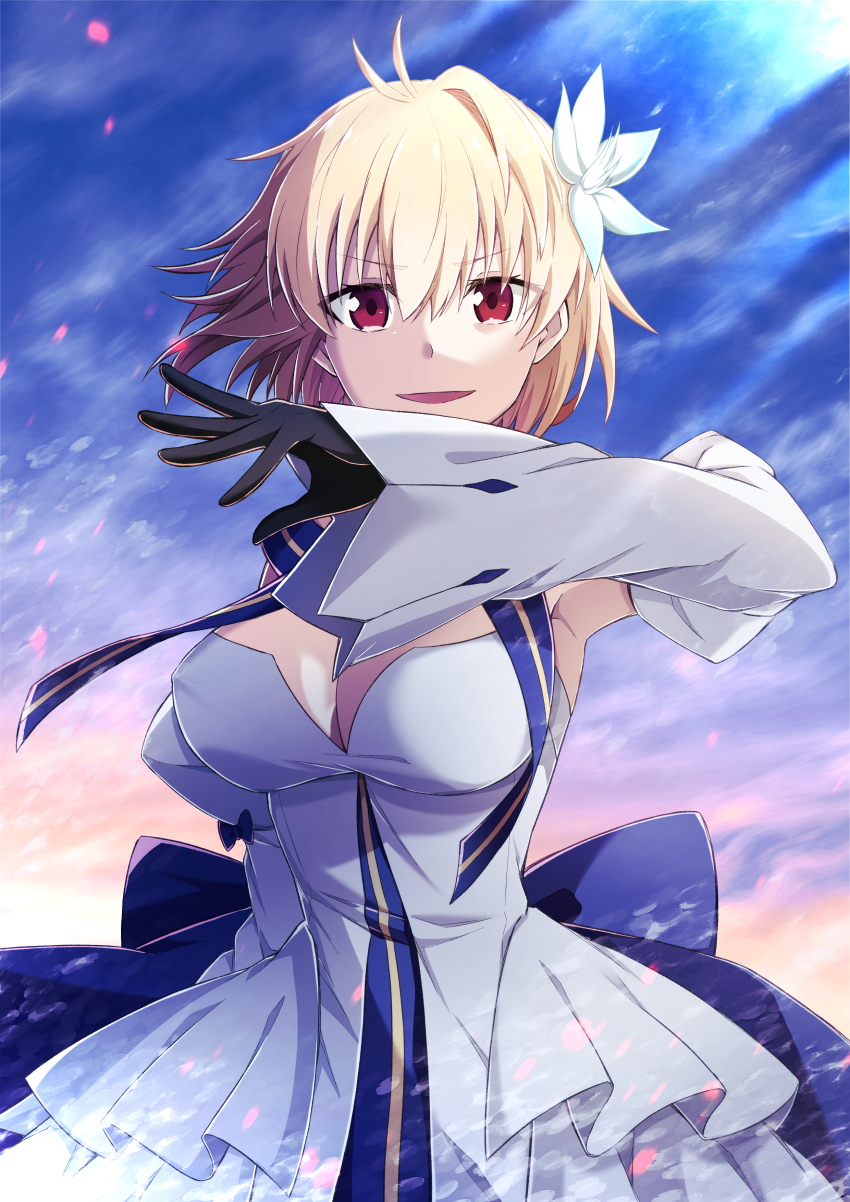 1girl absurdres antenna_hair archetype_earth arcueid_brunestud azami_masurao back_bow black_gloves blonde_hair blue_bow blue_sky bow breasts cleavage cloud commentary_request detached_sleeves dress fate/grand_order fate_(series) flower gloves hair_between_eyes hair_flower hair_ornament highres light_rays looking_at_viewer medium_breasts official_alternate_costume open_mouth outdoors red_eyes short_hair single_hair_intake sky smile solo tsukihime tsukihime_(remake) white_dress white_flower
