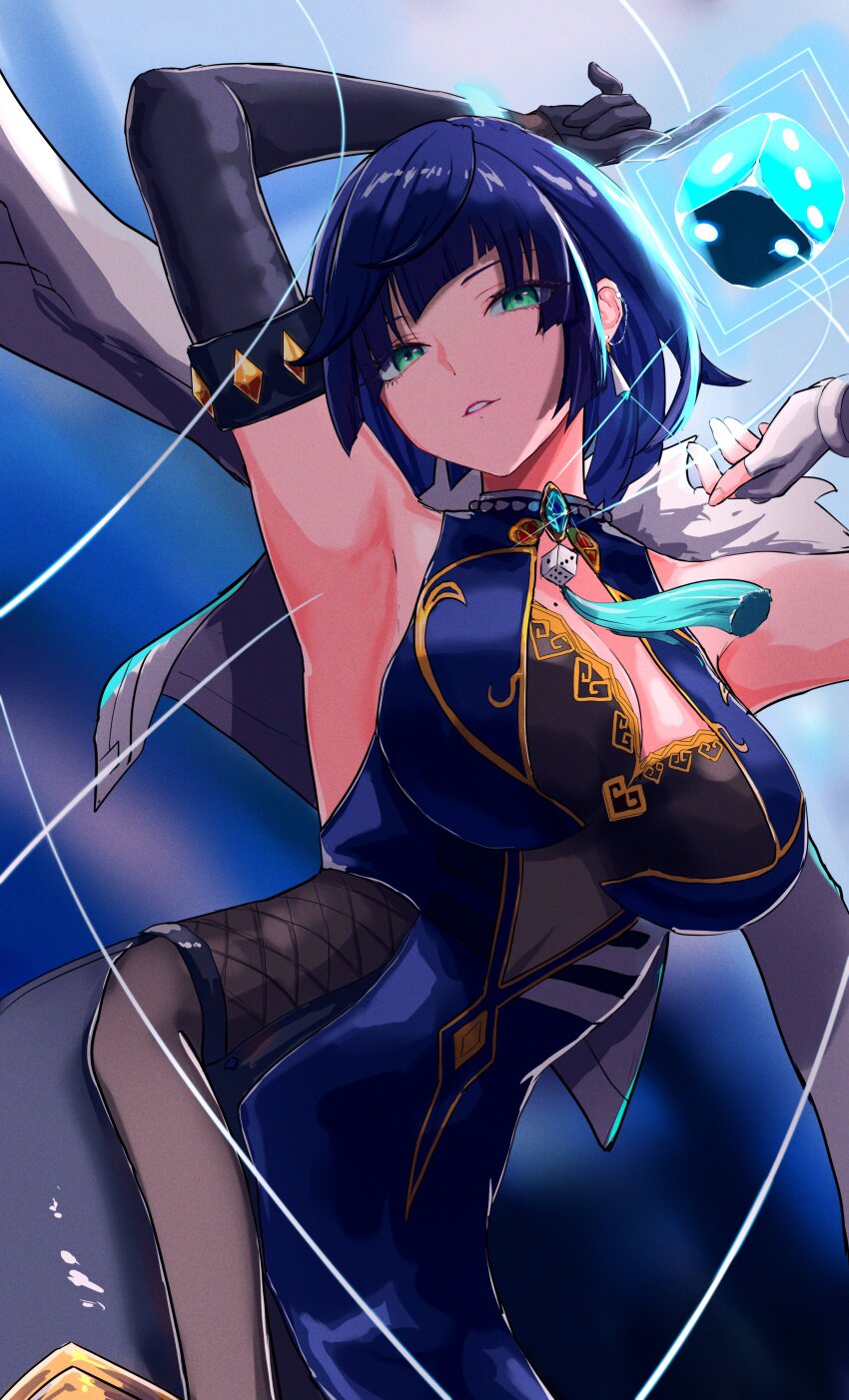 1girl absurdres aqua_eyes armpits arms_up asymmetrical_gloves bead_choker beads black_bodysuit black_gloves blue_dress blue_gemstone bodysuit breasts cleavage cleavage_cutout clothing_cutout commentary cowboy_shot cropped_jacket diagonal_bangs dice dress ear_piercing elbow_gloves fingerless_gloves fishnets from_below fur-trimmed_jacket fur_trim gem genshin_impact gloves highres jacket jacket_on_shoulders large_breasts light_smile looking_at_viewer mismatched_gloves mole mole_on_breast neck_tassel parted_lips pelvic_curtain piercing short_hair single_elbow_glove single_fingerless_glove smile solo standing string white_gloves white_jacket yelan_(genshin_impact) yuu_(primenumber7)