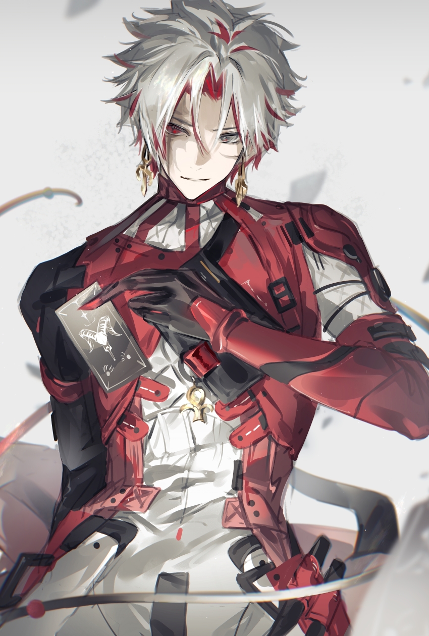 1boy absurdres burn_scar card chinese_commentary coat colored_inner_hair commentary_request cowboy_shot cross cross_earrings earrings grey_eyes heterochromia highres holding holding_card honseie jewelry looking_at_viewer male_focus multicolored_hair parted_bangs red_coat red_eyes red_hair scar scar_(wuthering_waves) scar_across_eye scar_on_face smile solo white_hair wuthering_waves