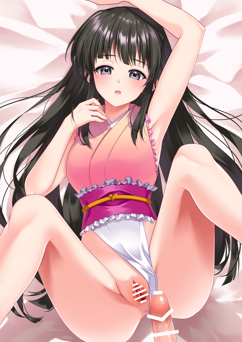 1boy 1girl absurdres anus armpits ass bar_censor bed beni8h black_eyes black_hair breasts censored clothing_aside commentary_request commission erection frilled_leotard frills from_above highres hime_cut houraisan_kaguya leotard leotard_aside long_hair looking_at_viewer lying medium_breasts on_back open_mouth penis pink_leotard pixiv_commission pussy solo_focus spread_legs spread_pussy touhou touhou_tag_dream wrestling_outfit