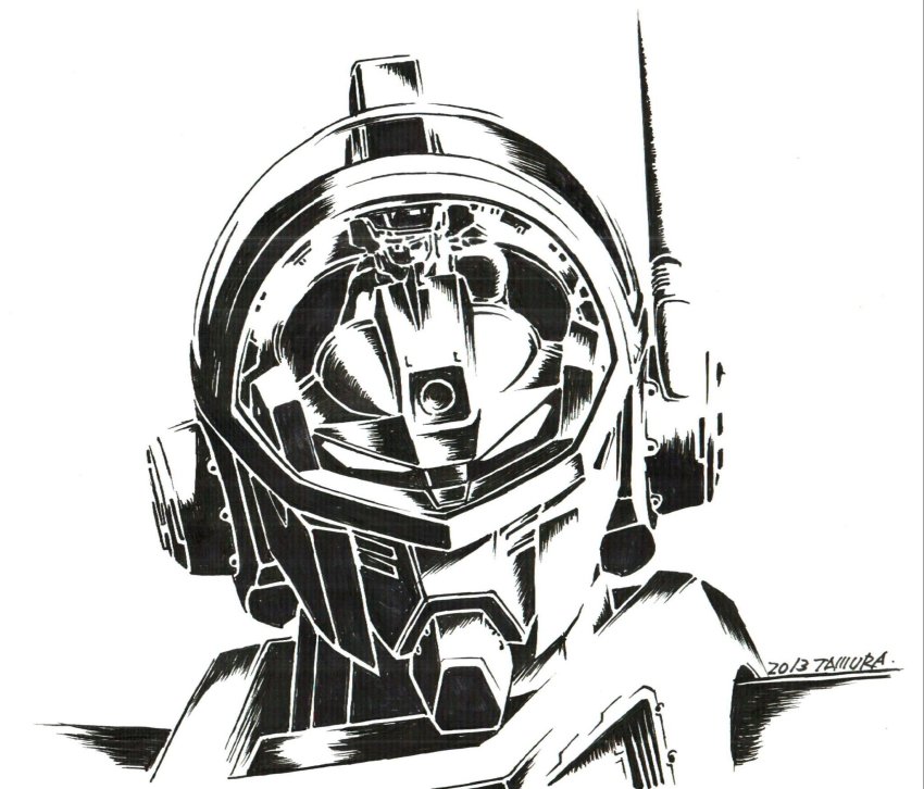 1boy 2013 aoki_ryuusei_spt_layzner artist_name asuka_eiji canopy greyscale highres ink_(medium) layzner looking_at_viewer mecha mecha_focus monochrome radio_antenna robot science_fiction solo tam_(garakuta_kaizou_ningen) traditional_media